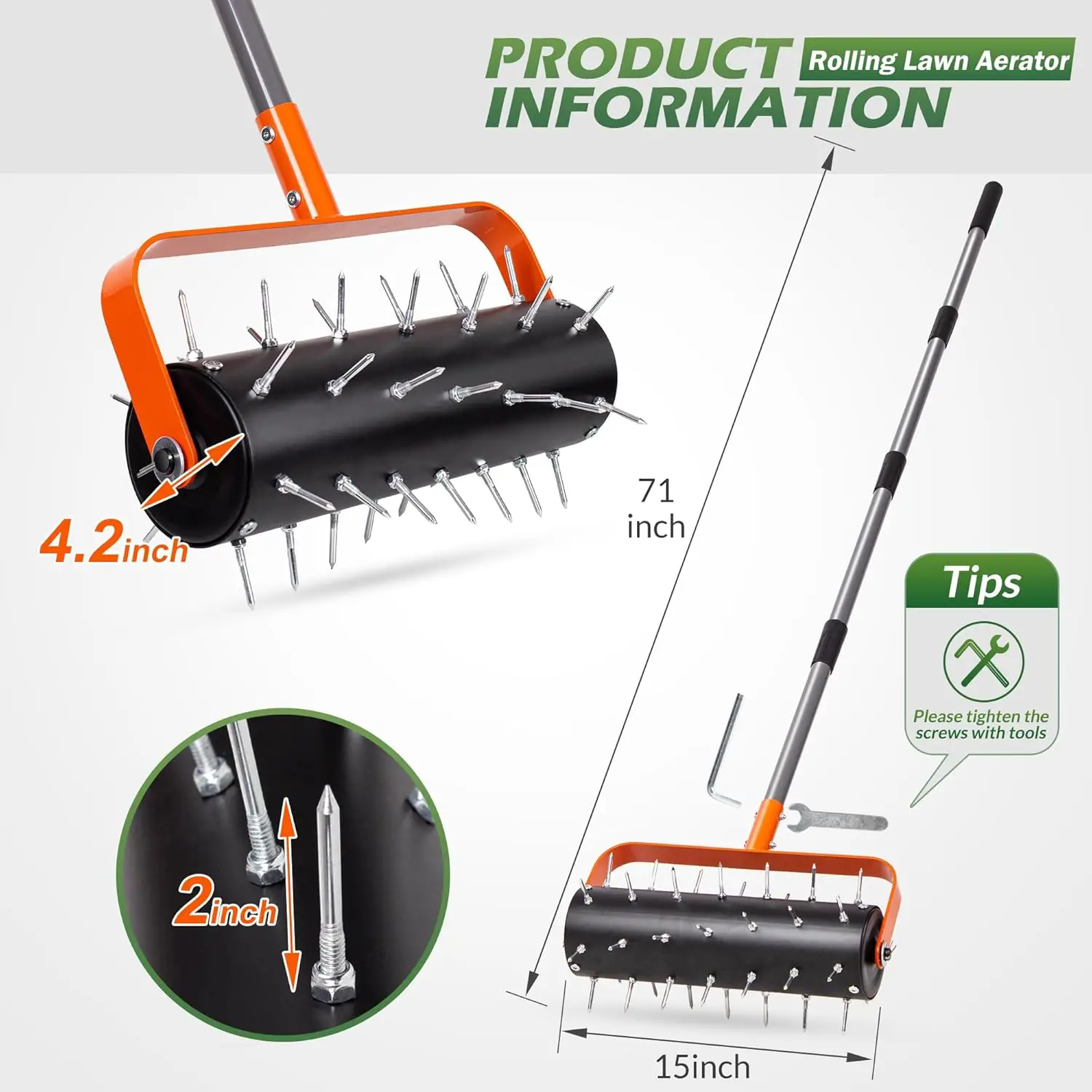 Rolling Lawn Aerator, Heavy Duty Manual Aerator Tool with 42 Spikes, Lawn Spike Aerator Roller with 71