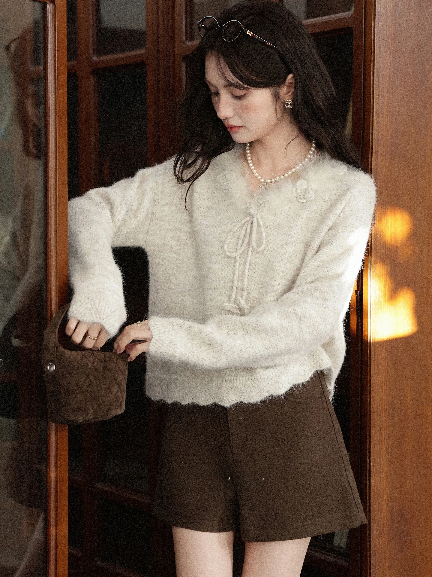 

Женский шерстяной свитер Ele, вязаный вручную, цвет овсяный, теплый, прямой крой, V-образный вырез, длинный рукав, зимняя мода