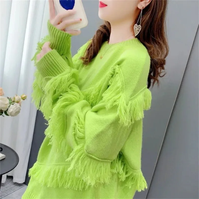 DAYIFUN-Women's Long Sleeve Loose Knitted Pullovers Korean Sweaters Round Neck Fringed Jumpers Female Clothing Autumn Winter New