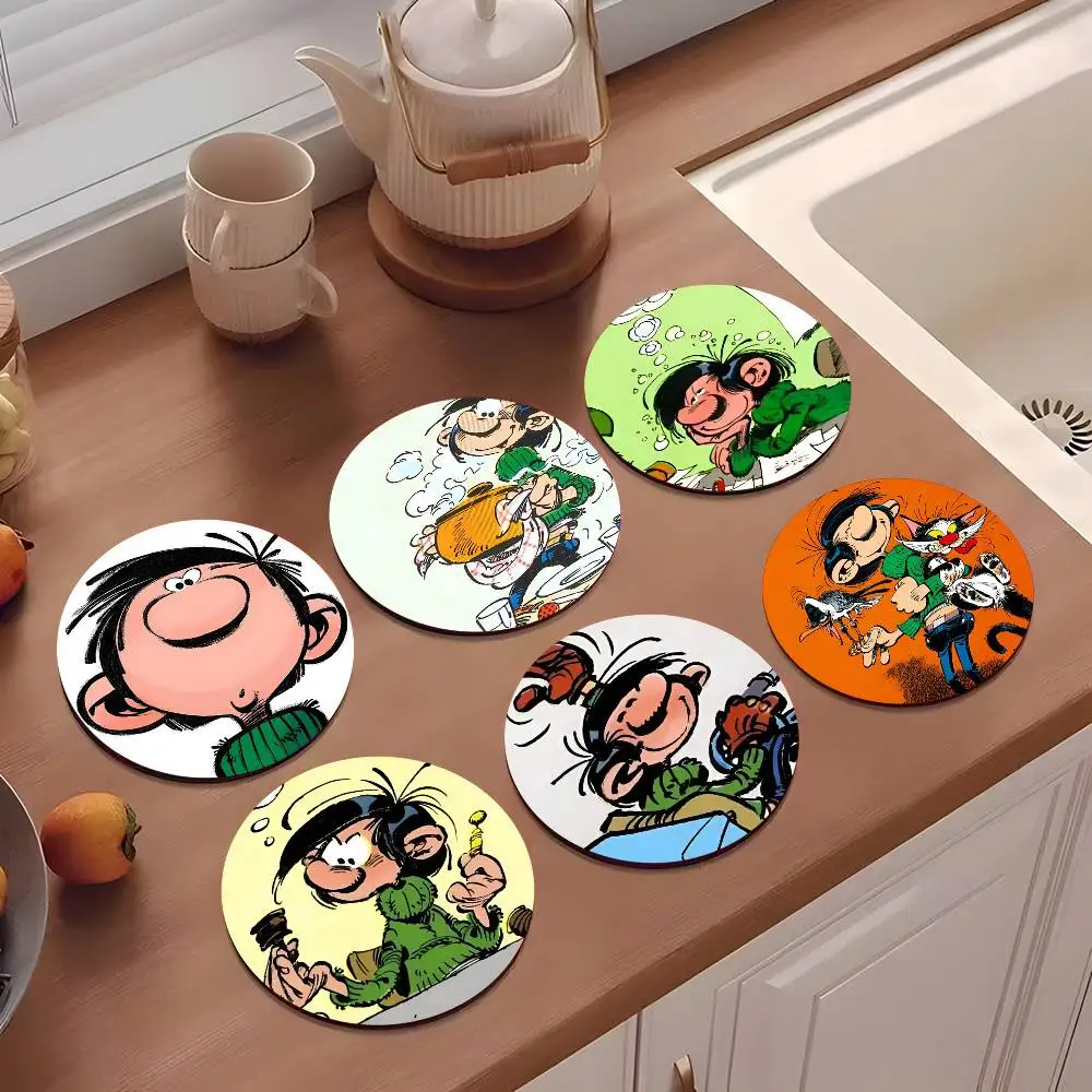 1pc G-Gaston Lagaffe Classic Franco-Belgian Comic Wooden Coaster Colour Printing Cup Mat Home Desk Decoration Gifts
