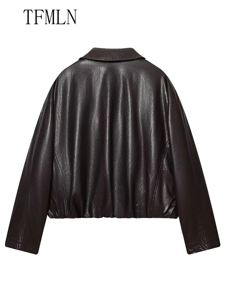 TFMLN 2025 nouvelle veste en simili cuir pour femmes Simple rétro fermeture éclair revers surdimensionné manteaux haute rue à manches longues recadrée vêtements d'extérieur