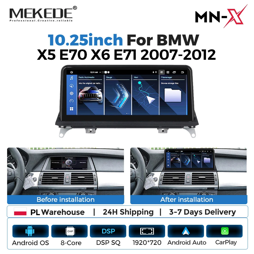 MEKEDE 10,25 Zoll Touchscreen Autoradio 8-Kern Android 15 Auto-Multimedia-Videoplayer für BMW X5 E70 X6 E71 2007-2012 CCC CIC System 4G LTE WIFI DSP BT Wireless CarPlay Android Auto 6+128GB