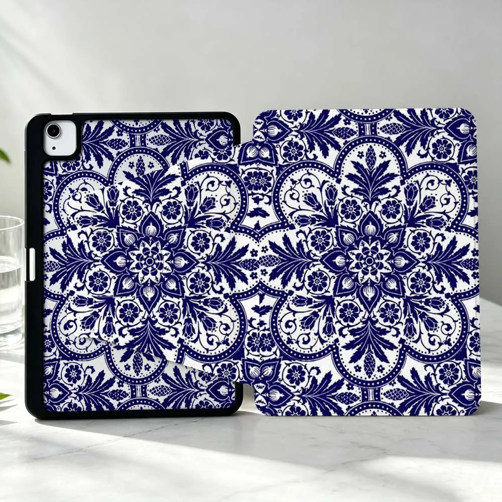 Blue Mandala Pattern Soft For iPad Pro Air mini 6 5 4 12th M5 M4 M3 M2 A16 A17Pro 360° Rotation Stylus Storage Tablet Case