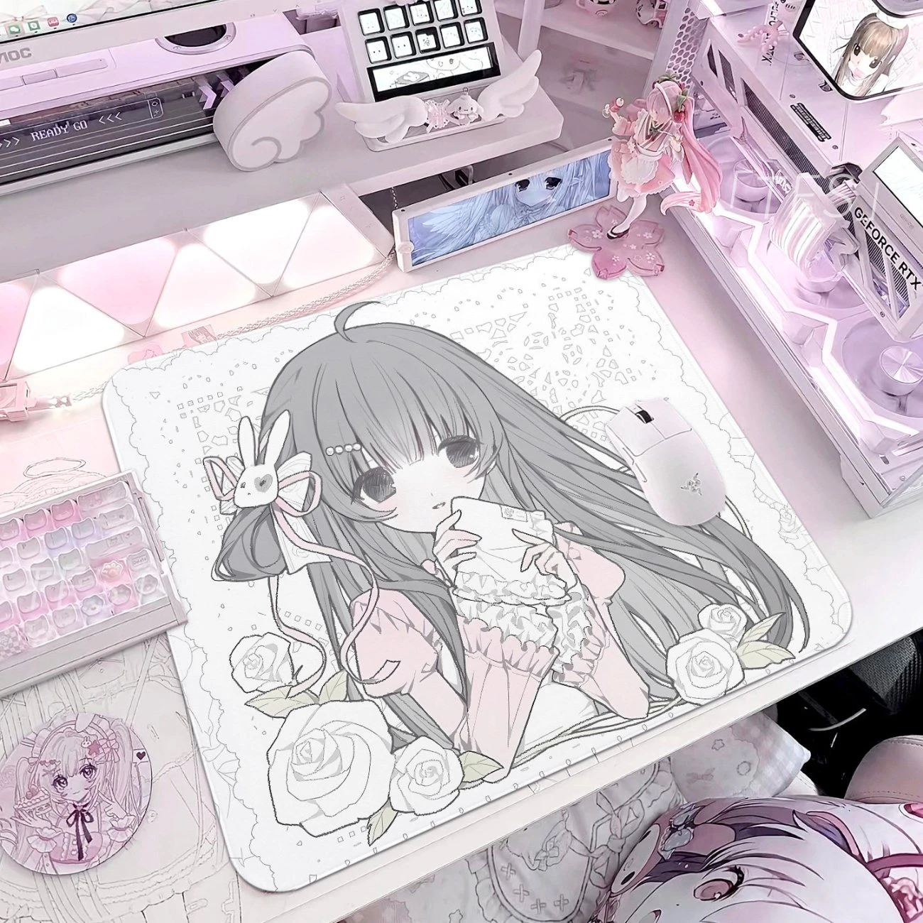 Pink Kawaii Girl Rubber Mouse Pad Gamer Big MousePad for Computer Gaming Locking Edge Keyboard Desk Mice Pad Rubber Table Mat
