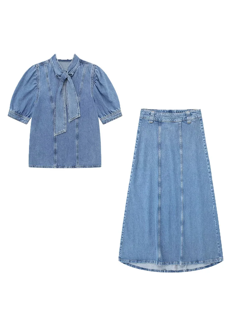 TRAF 2023 Summer New Women Denim Shirt Bow Knot Half Puff Sleeve T-Shirt and Retro Skirt Cape Skirt Street Fashion Suit