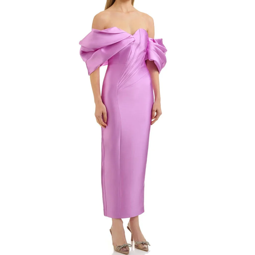 Strapless Off the Shoulder Sleeveless Satin Ankle Length Straight Evening Dress Back Slit Zipper Back Temperament Solid Color