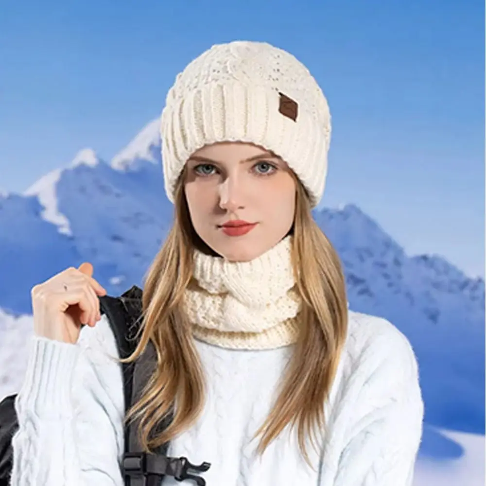 2Pcs/Set Casual Windproof Knitted Hat Scarf Set Thickened Keep Warm Beanies Cap Cold-proof Cycling Skiing Skullcap Winter