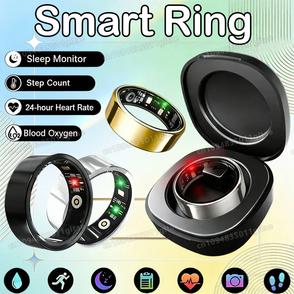 

New R09 Smart Ring Men Women with Charging Case,Heart Rate Blood Oxygen,Skin Temperature Monitor,5ATM Waterproof For Android