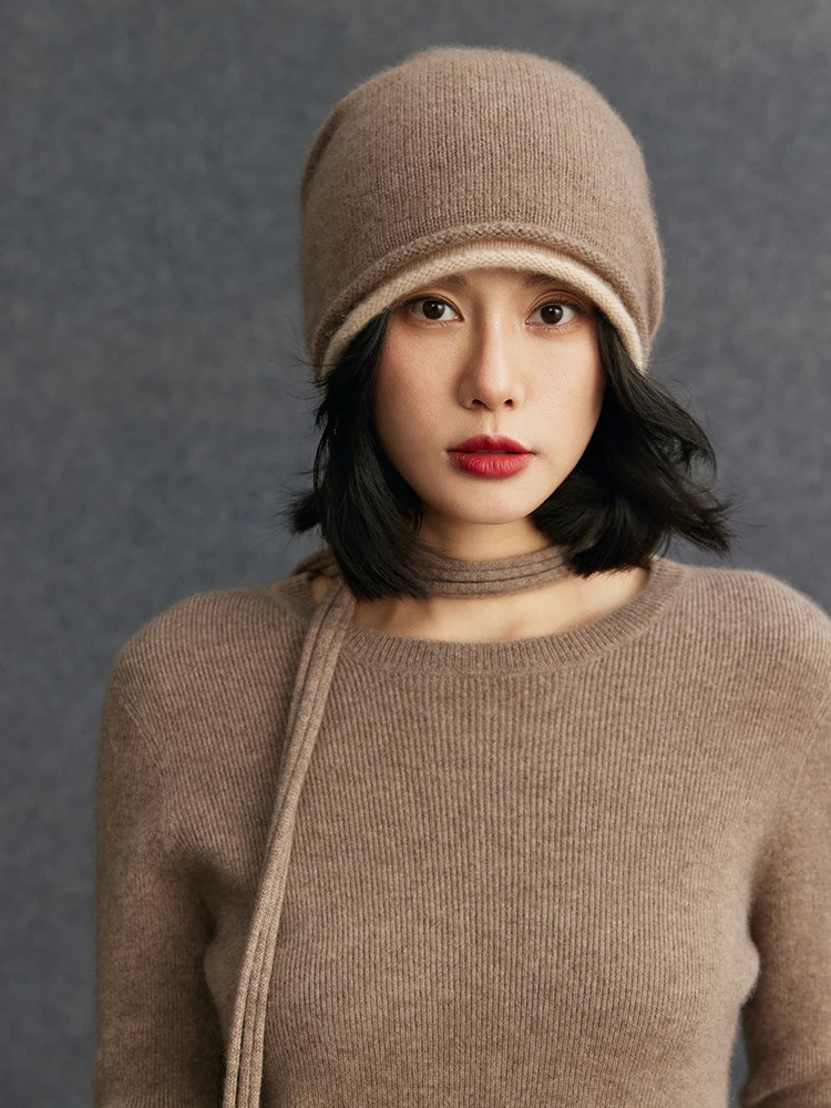 TLOML 新しいレディース100%カシミヤ製ダブルエッジデザインカールエッジハット、帽子を暖かく保つ秋冬用ソフト厚手カシミヤニット帽