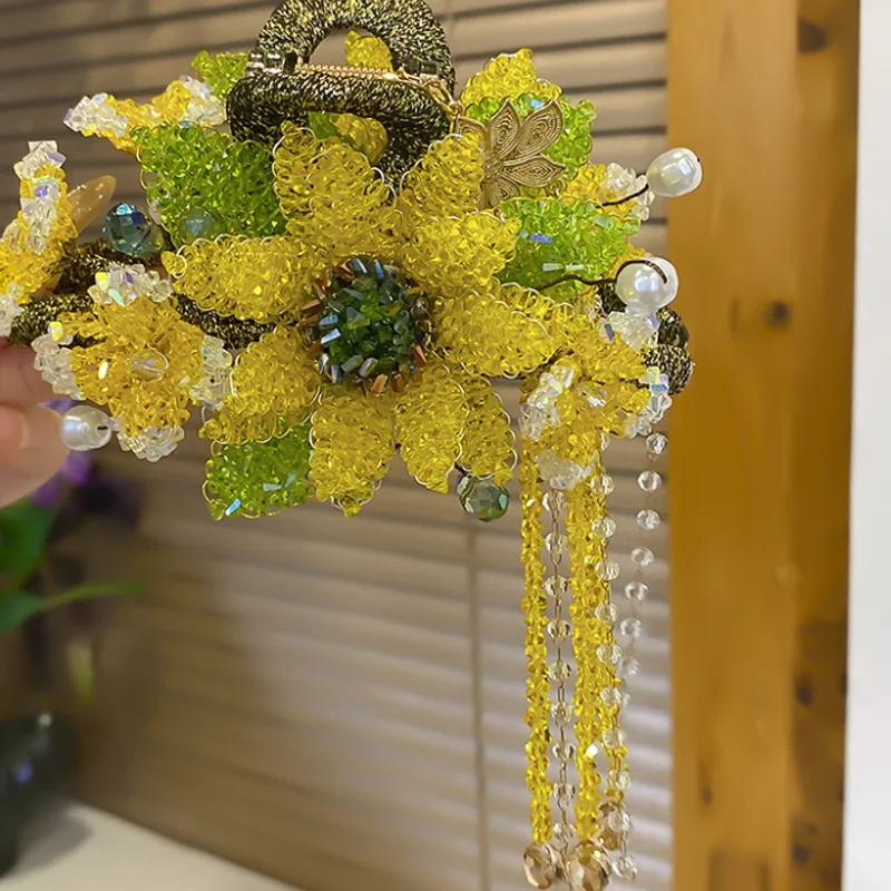 Handmade Crystal Beaded Sunflower Hair Claws Hairpin Chinese Style Crystal Tassel Hair Accessory Back of The Head Barrette