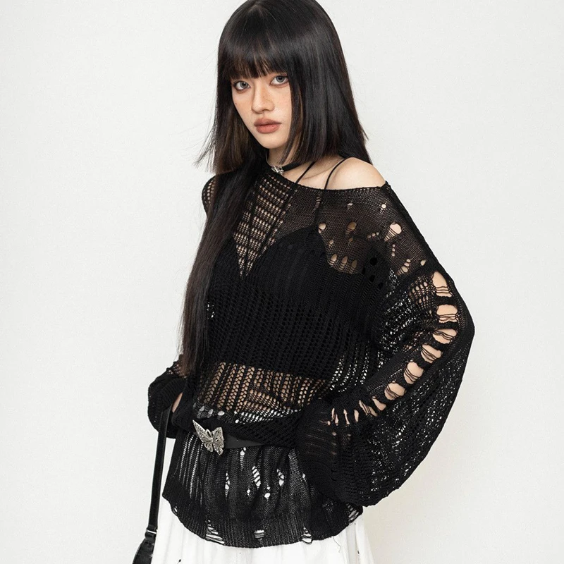 Y2K Hollow Out Knitted Pullovers Women Korean Harajuku Oversized Sweater Summer Sexy Slash Collar Long Sleeve Sunscreen Jumper