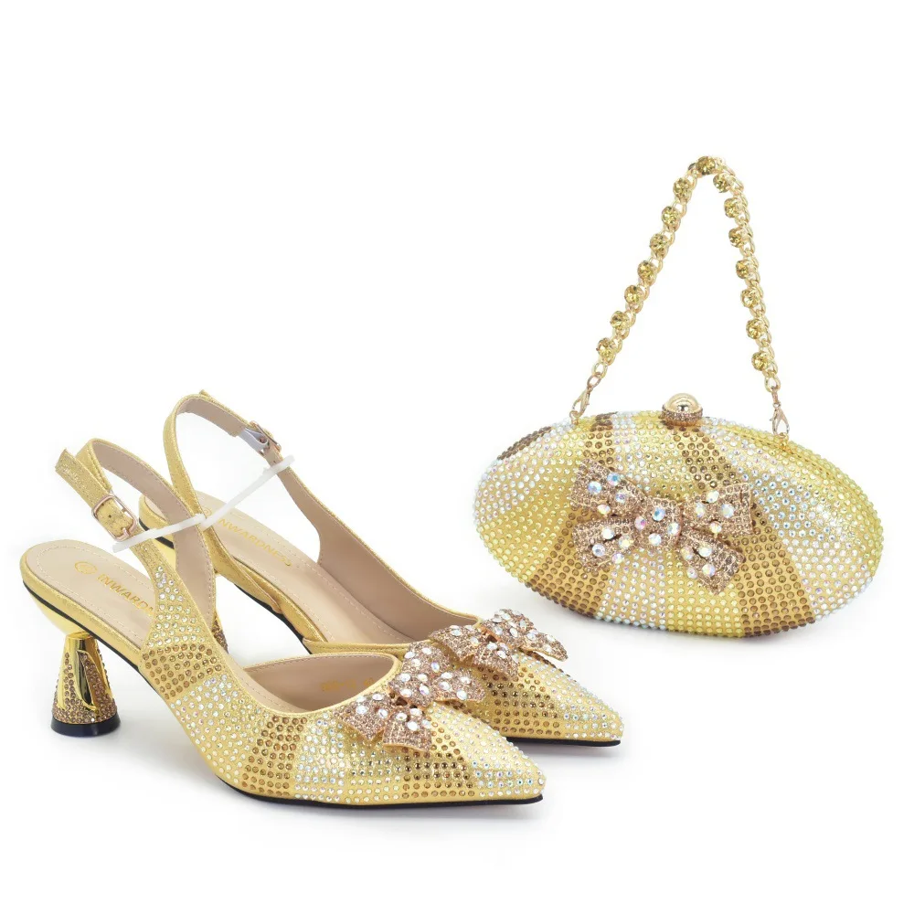 Women's Italian Design Full Rhinestone Pointed Toe Stiletto Heels Matching Evening Clutch Bag Set Luxury Banquet Shoes