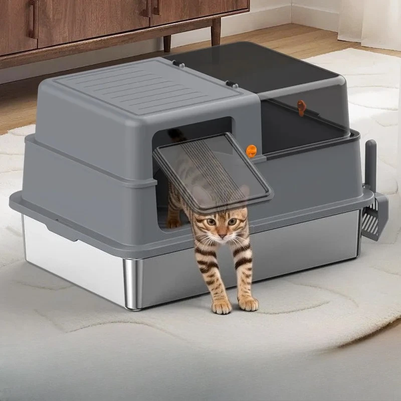 hot-selling cat litter box fully enclosed top-entry stainless steel cat toilet splash-proof cat toilet
