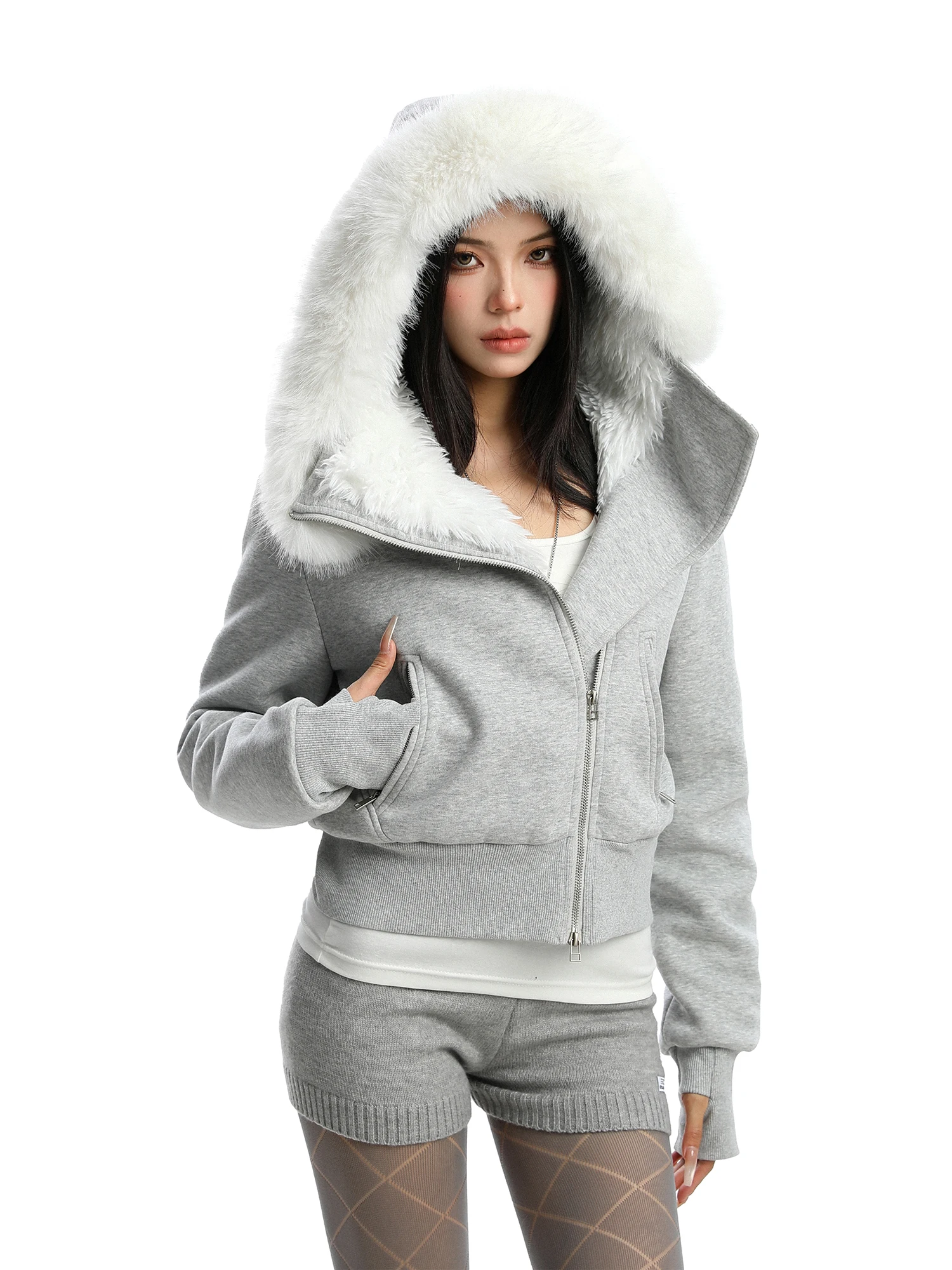 

Модный женский кардиган с капюшоном, пальто из хлопка с меховым воротником в американском стиле для зимы