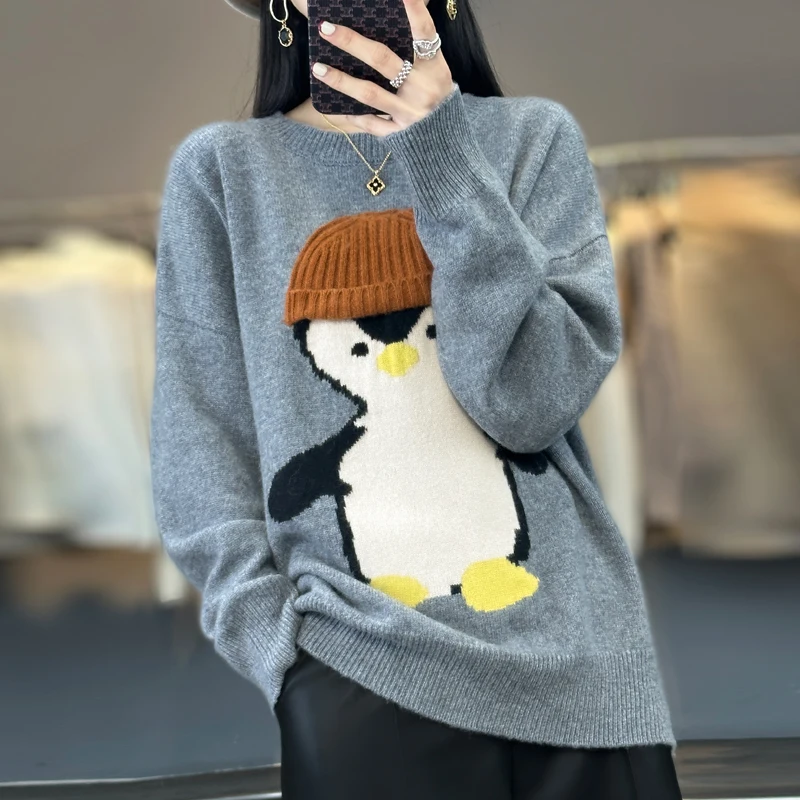 

Loose Casual Women's 100% Merino Wool Penguin Pullover Autumn Winter Soft Warm Cashmere Sweater Long Sleeve Quality Knitwear Top