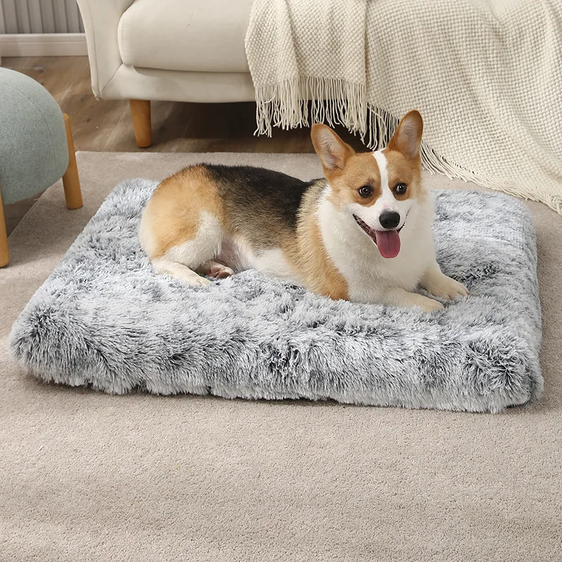 Long Plush Dog Bed Kennel Cat Cushion Sleeping Mat Washable Removable Cover Orthopedic Foam Small Medium Large Dog Bed Pet Mat