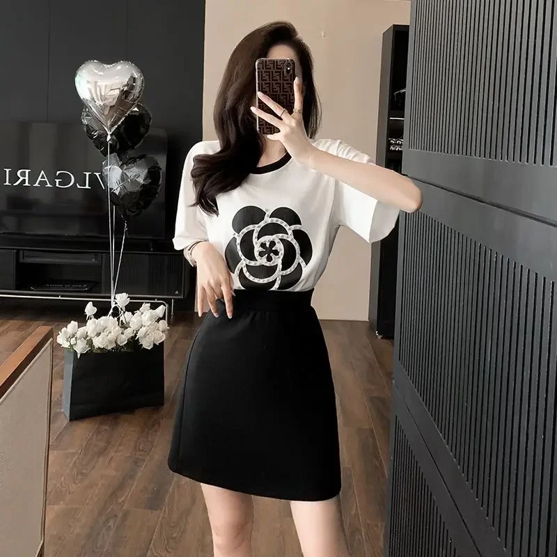 Office Printing Female Outfits Short Sleeve Lightly Cooked Commuting Skirt Women\'s Two Piece Set Jacket Y2k Clothes Stylish Full