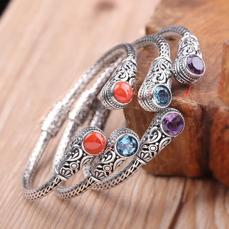 

Uglyless Ethnic Totem Thailand Vintage Bangles Women Multi Gemstones Crystals Agate Bangles 925 Silver Jewelry Ethnic Bracelets