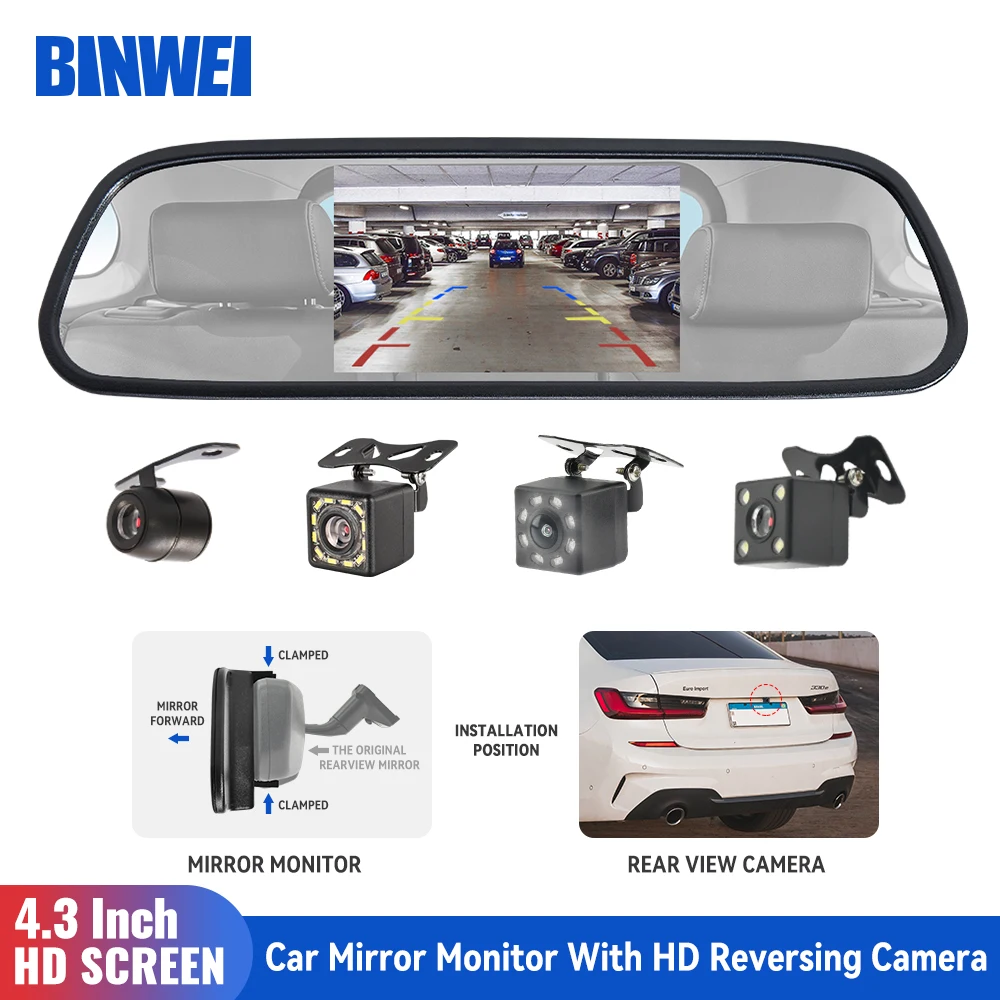 BINWEI 43 Inch Car Rear View Mirror Monitor with Reversing Camera Waterproof Night Vision HD Screen for Vehicle Parking