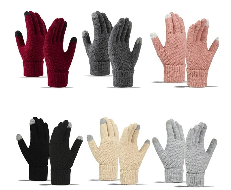 Winter-Touchscreen-Handschuhe für Damen, Thermo-Fleece-gefüttert, kältebeständig, fünf Finger gestrickt, koreanischer Stil, Studenten-Fahrradzubehör
