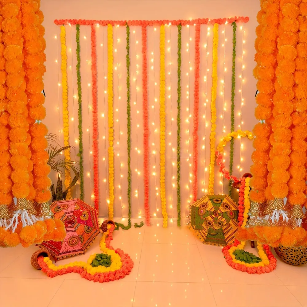 Long Strands Artificial Marigold Garland 1.5m Pooja Diwali Fiesta Fake Plant Pooja Wedding Events Decor