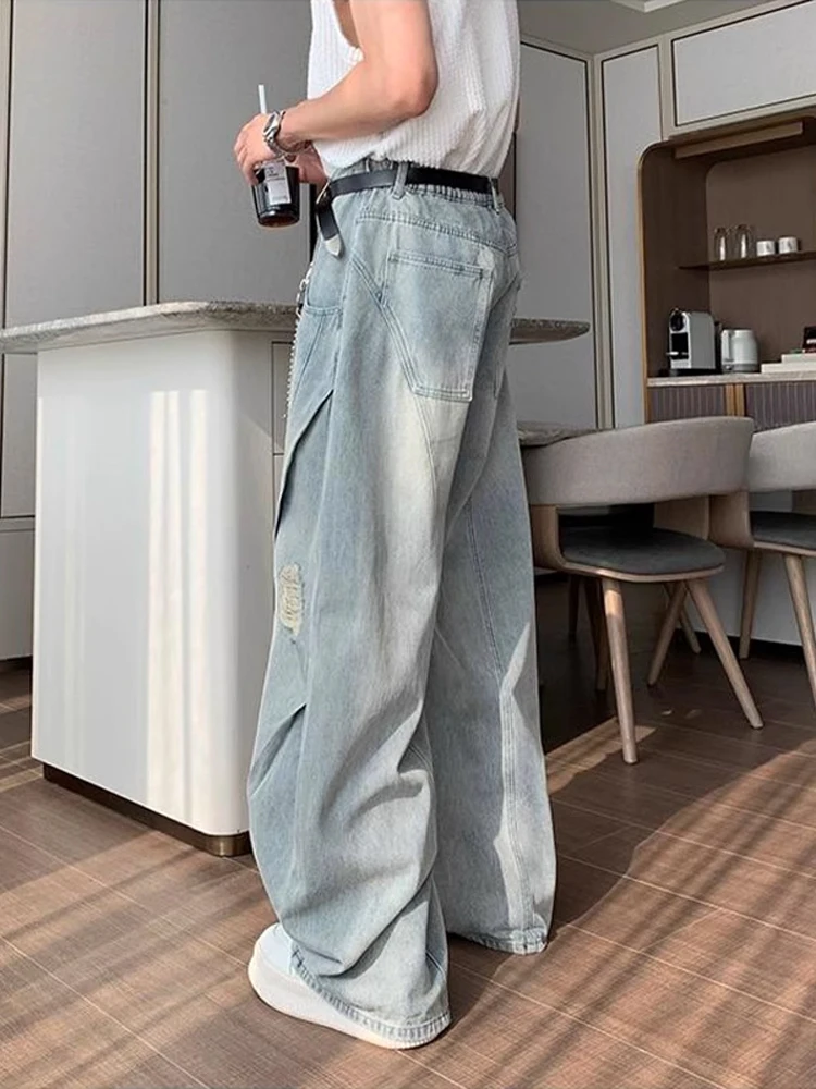 Cleanfit Light Blue Ripped Denim Jeans Men Summer Thin American High Street Knife  Loose Straight Tube Breathable Jeans