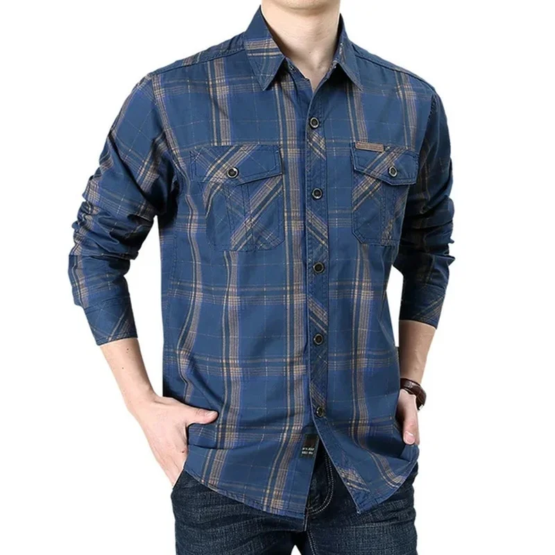 Outdoor Hiking Safari Work Shirts Men's Autumn Plaid Striped Long-sleeved Shirts US Hot Sale Casual Button Down Quick Dry Cargo