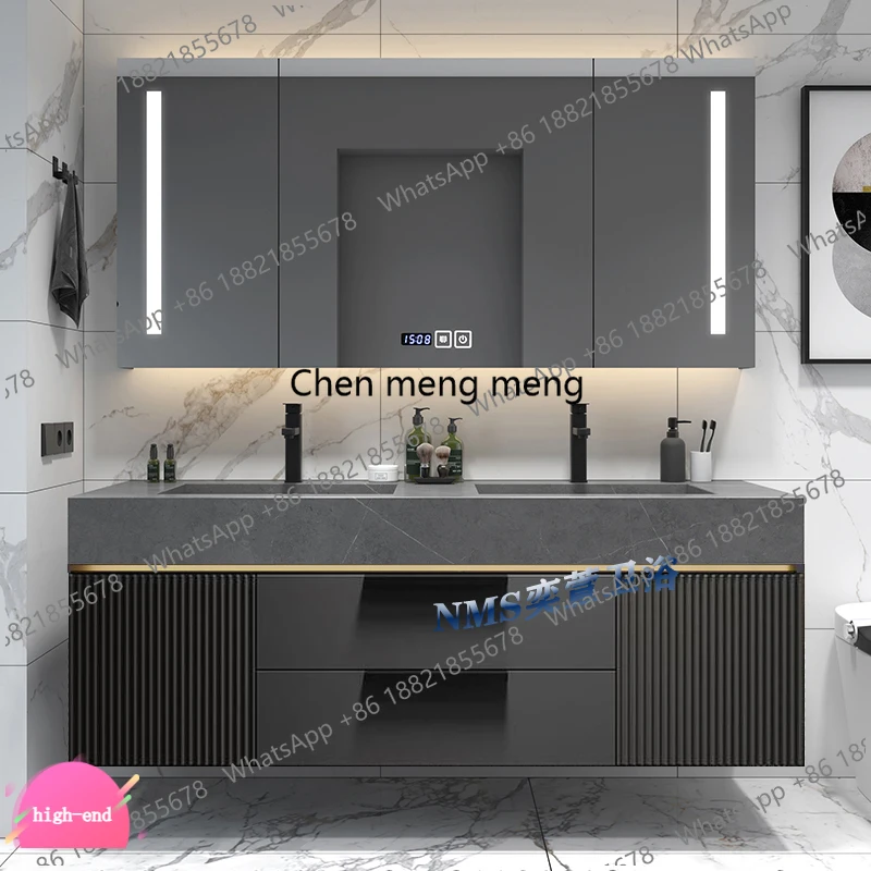 

Light Luxury Slate Integrated Basin Bathroom Cabinet Double Washbasin Combination Toilet Washbasin Modern Simple Oak Smart