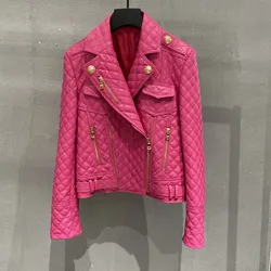 CombLady-Veste courte en cuir d'agneau pour femme, 100% peau de mouton véritable, vestes de motard de moto à la mode avec fermeture éclair, rose rouge, 2024 nouveau