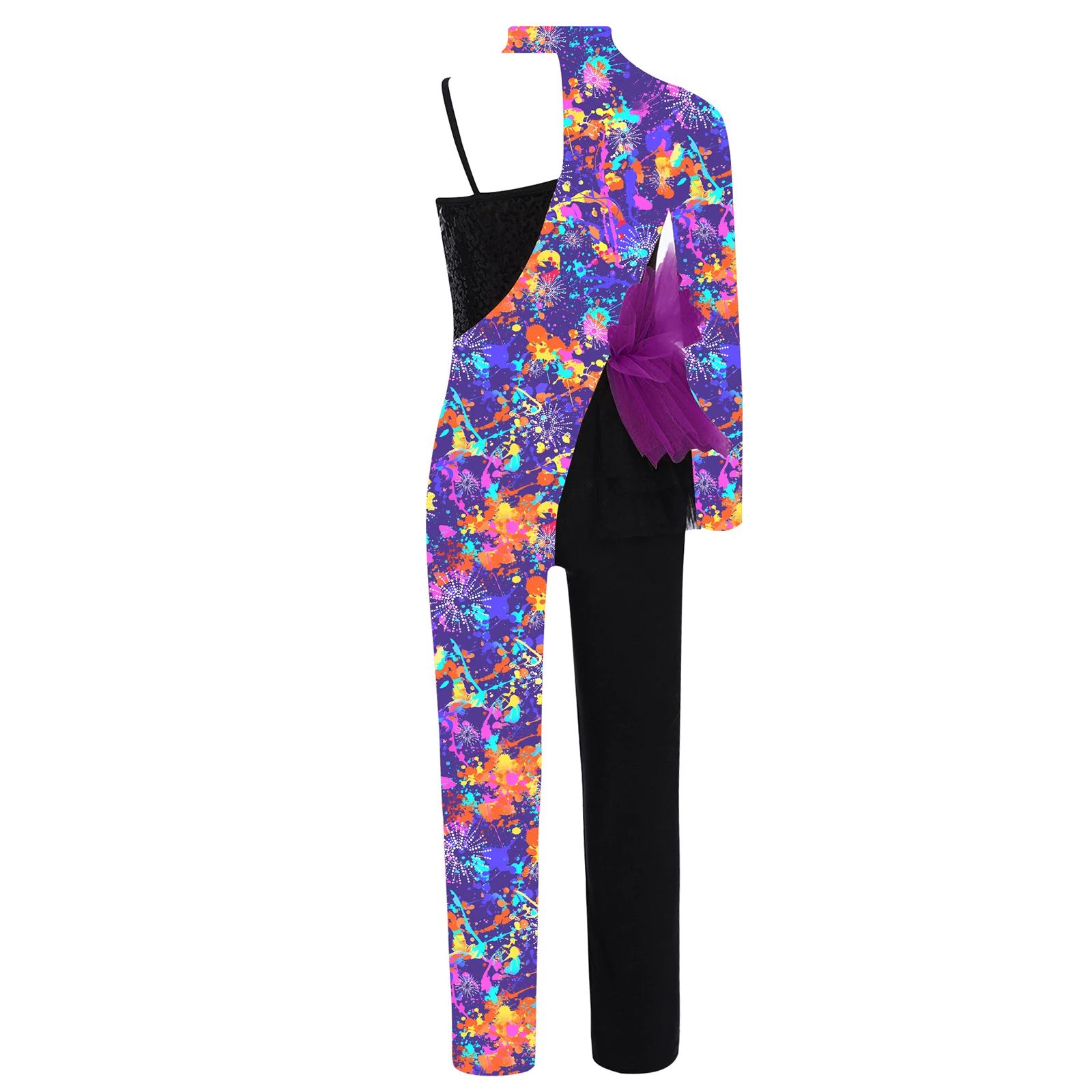 Kids Girls Gymnastics Ballet Leotards Sequin Figure Skating Bodysuit Printed Ballerina Tutu Costume Dance Unitards Jumpsuit
