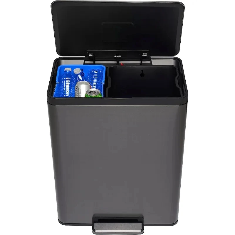 Elite Stainless Steel Metal Dual Stream Step-On Trash Can for Home, Kitchen Waste and Recycling, 15.9 Gallon, Charcoal