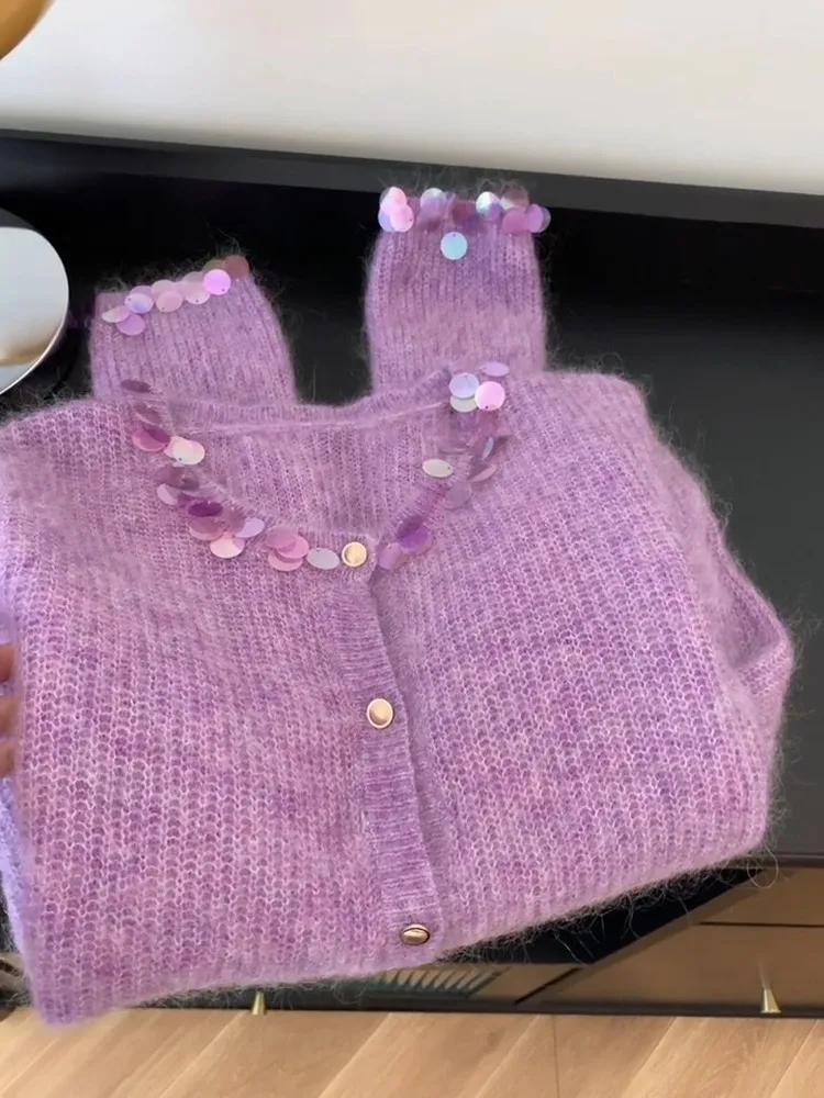 

Ladies Soft Cozy Knitted Cardigan Purple Sequin Cashmere Spring Autumn Lazy Style round Neck Long Sleeve Warm Fashion Outerwear