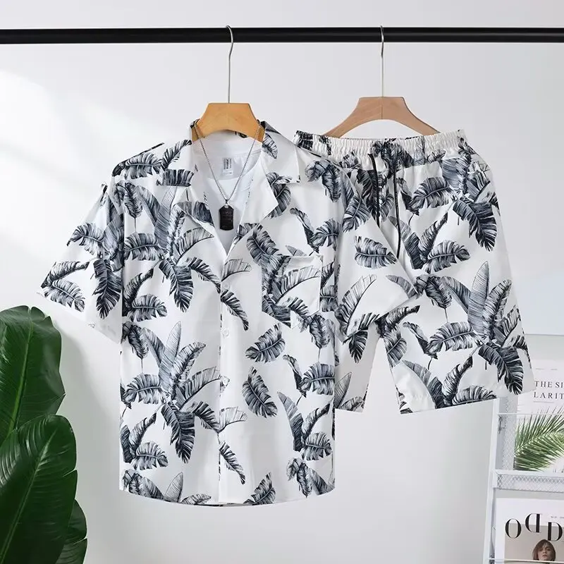 Cartoon Novelty flowers plants Ink wash painting 3D Print shirt +Shorts Short Sleeve Flip collar shirts half pants Two Piece Set