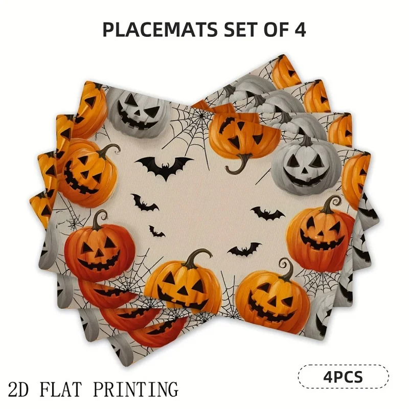 Halloween Pumpkin Bat Placemats, Spider Web Printed Linen Table Mats, Fall Holiday Table Home Decor