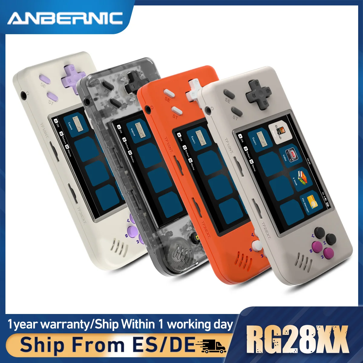 Consola de juegos retro ANBERNIC RG28XX con sistema Linux, pantalla IPS de 2.83 pulgadas, multimedia y salida de TV HDMI.