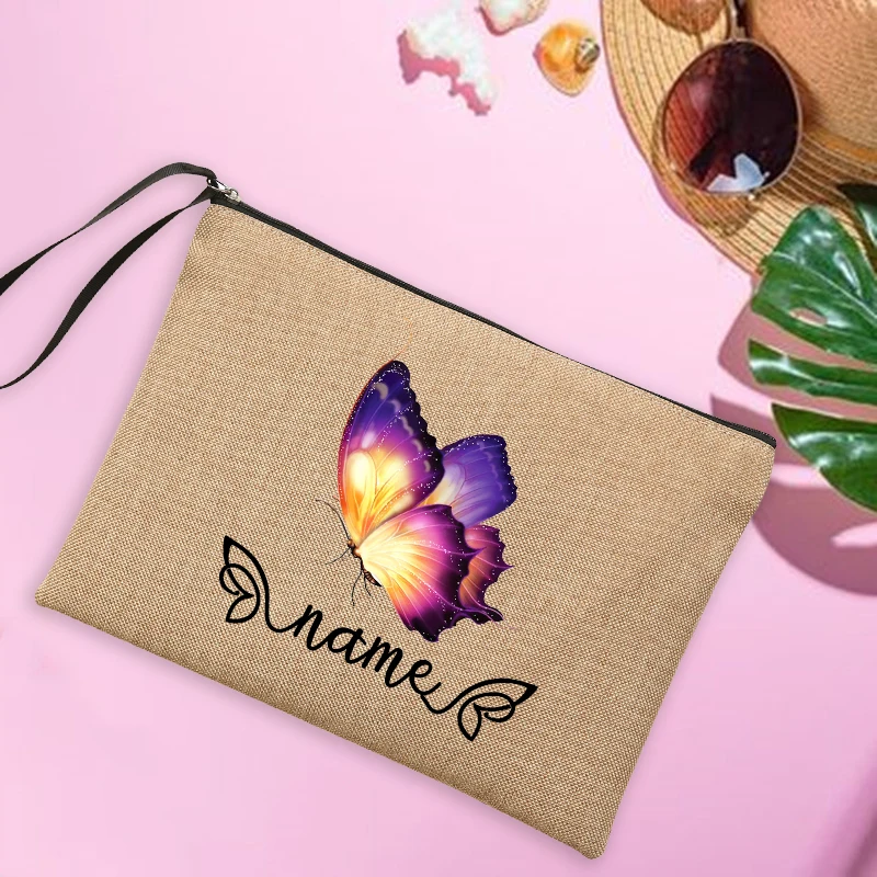 Custom Name Women\'s Linen Makeup Bag Personalised Butterfly Travel Clutch Bags Beach Sunglasses Sunscreen Storage Pouches Gifts