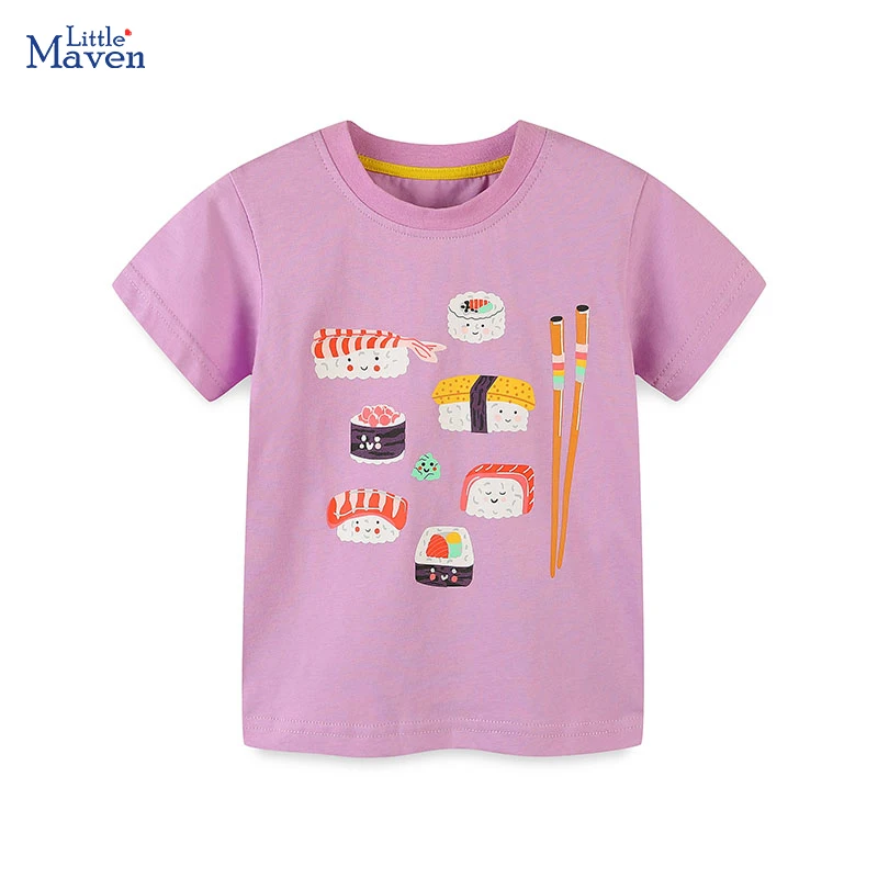 Little Maven 2024 Kinderkleidung für Babys, Mädchen, Tops, koreanische Teenager, lila Blusen, T-Shirt, Cartoon-Lebensmittel, Sushi, Baumwolle, Kinder