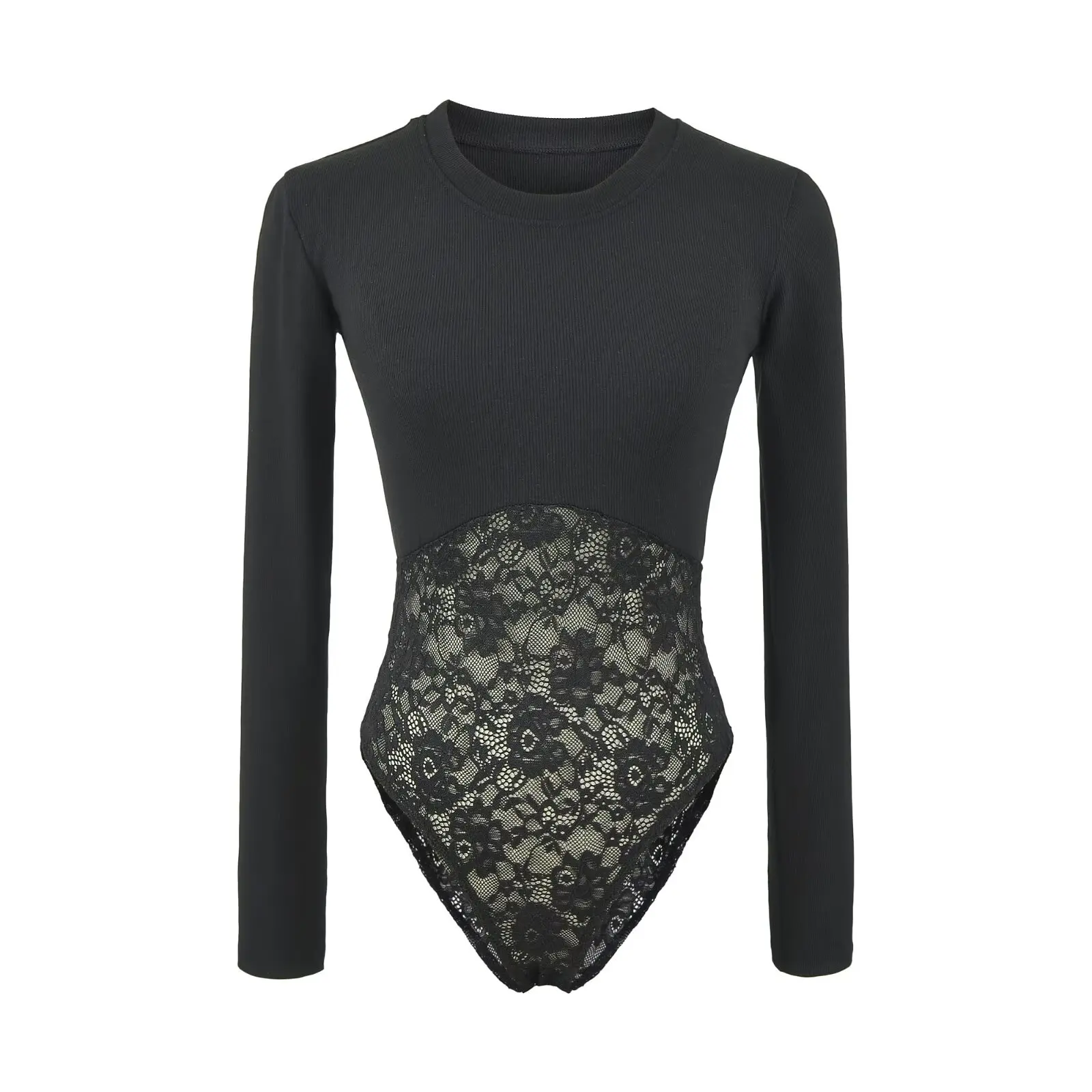 2026 New Women's Elegant Long Sleeve O-neck Lace Patchwork Bodysuits Lady Sexy Bodycon One-Piece Slim Fit Rompers Jumpsuits Tops