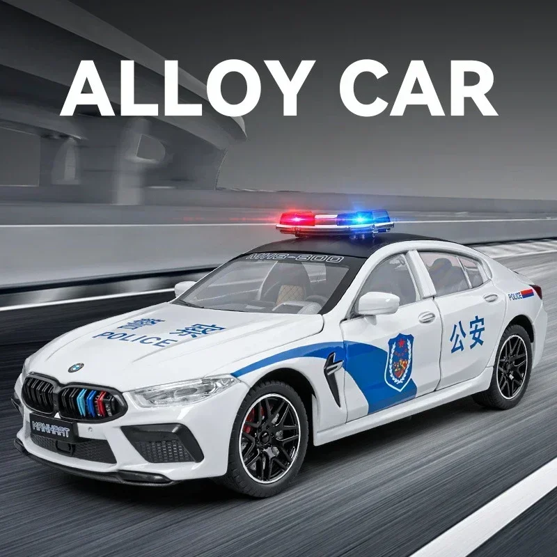 Nuevo coche de policía BMW M8 MANHART 1:24, coche fundido a presión, modelo de aleación de Metal con sonido y luz, regalos de alta simulación para niños