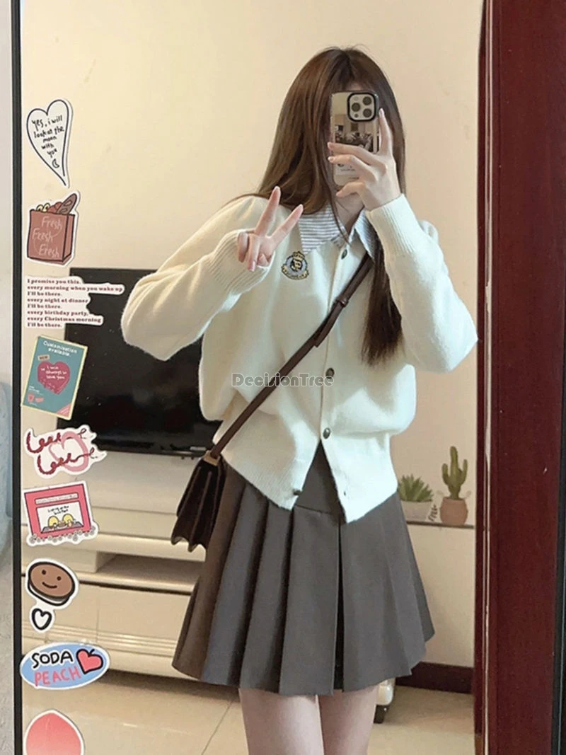 2024 School Uniform Effen Kleur Set Chique Geruite Kraag Top Hoge Taille Geplooide Rok Verbeterd Korea Stijl Uniform