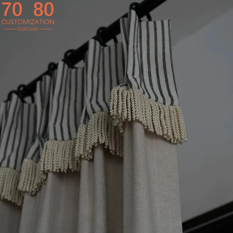 Grey Blue Stripe Jacquard Stitching Thickened Tassel Chenille Curtains for Living Room Bedroom French Window Partition Curtain