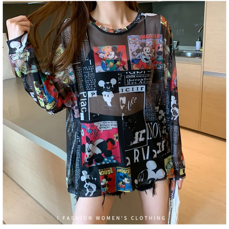 Disney Anime Mickey Minnie Mouse Marka Örgü Tshirt Bayanlar Güneş Koruma Şeffaf Uzun Kollu Bluz Kadın T-shirt