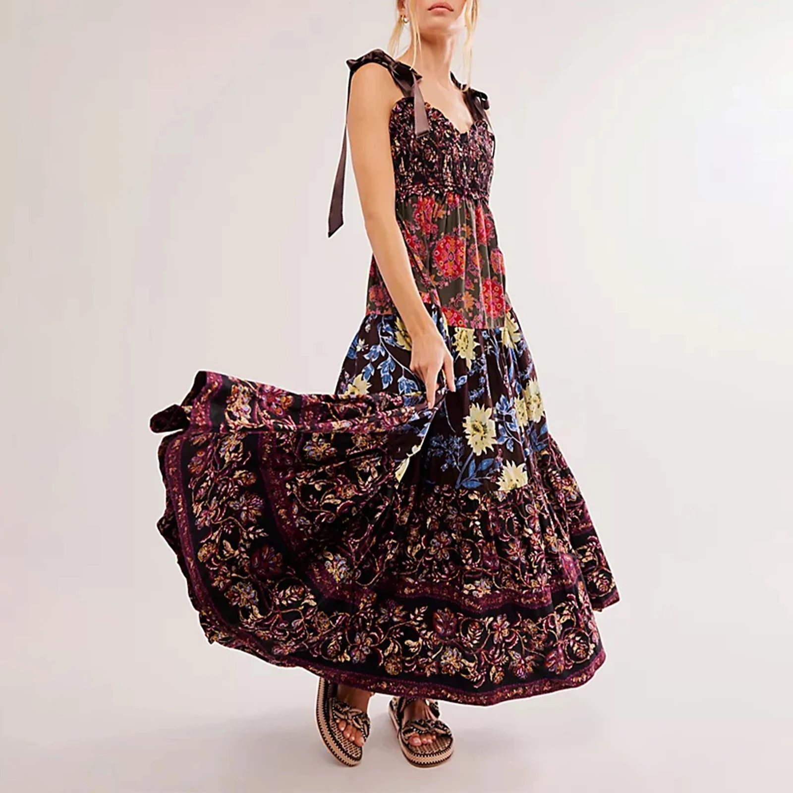 Abito da donna vintage con stampa floreale, spalline allacciate, abito senza maniche, abito lungo, abito estivo a trapezio con grande altalena