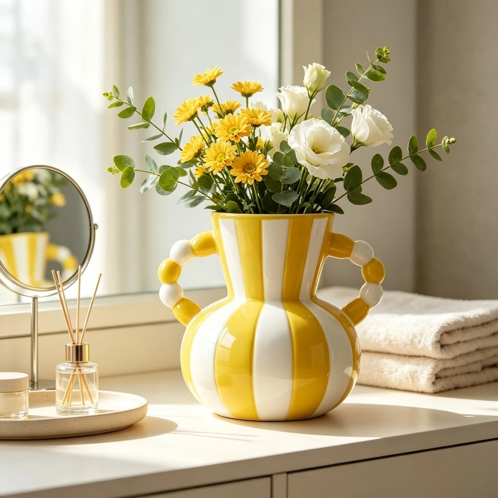 Ceramic Striped Vase with Beaded Double Handles Unique Art Decor Flower Vase for Home Tabletop Decoration