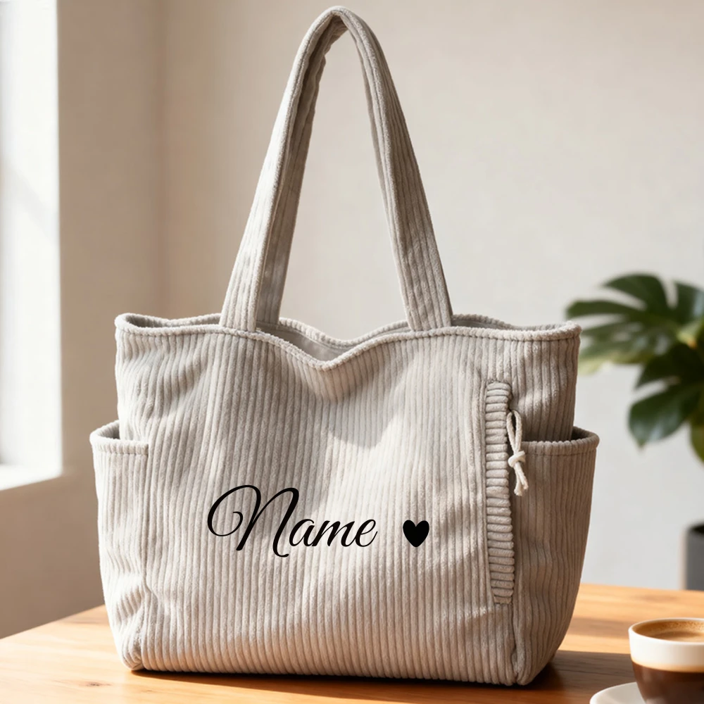 Custom Name Casual Corduroy Handbag with Zipper Closure, Large Capacity Daily Commuter Handbag, Shopping Bag, tote bag view 2
