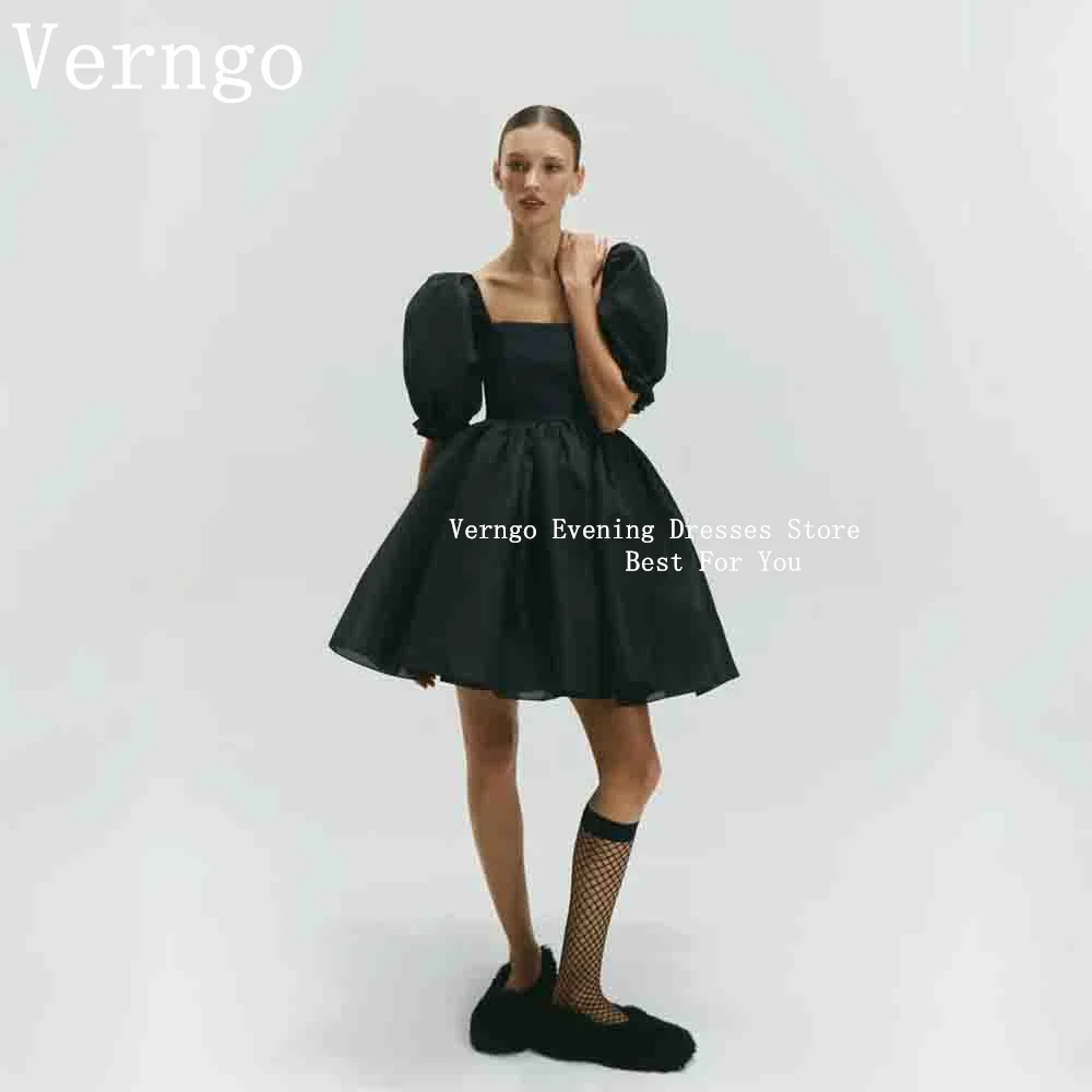 

Verngo Black Organza Mini Party Dress Women Simple Formal Homecoming Cocktail Dress Puff Short Sleeves A Line Ball Prom Dress