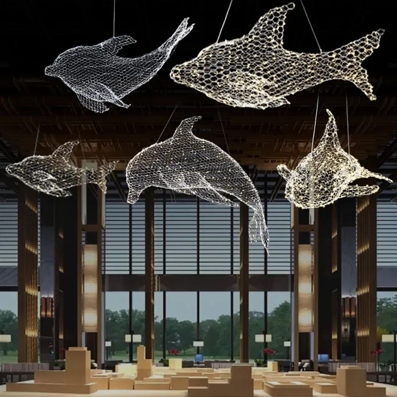Industrial Iron Net Fish Shaped Pendant Light Clothing Store Coffee Shop Animal Modeling Hanging Lamp Decorative Ceiling