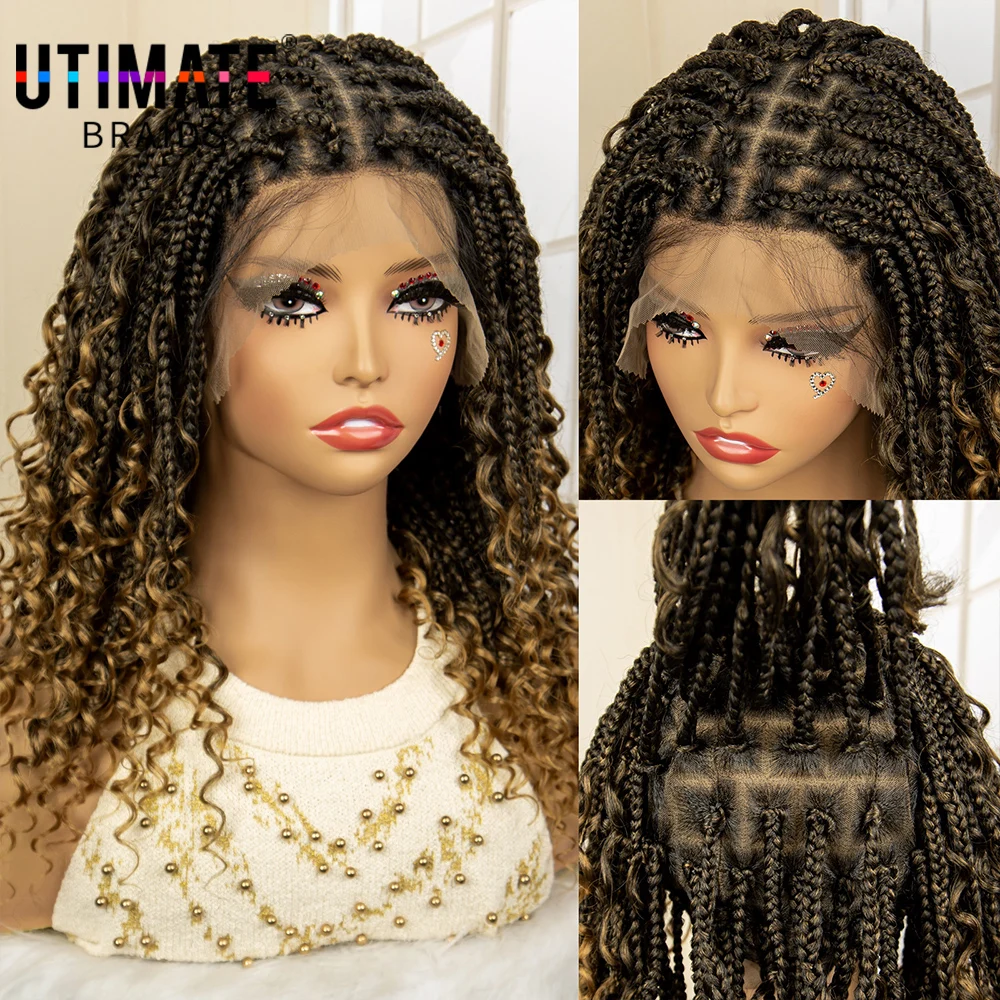 Short Full Lace Braided Wigs Synthetic Box Braided Wigs Boho Braids Wigs Knotless Square Box Wig for Women Curly Hair Braiding