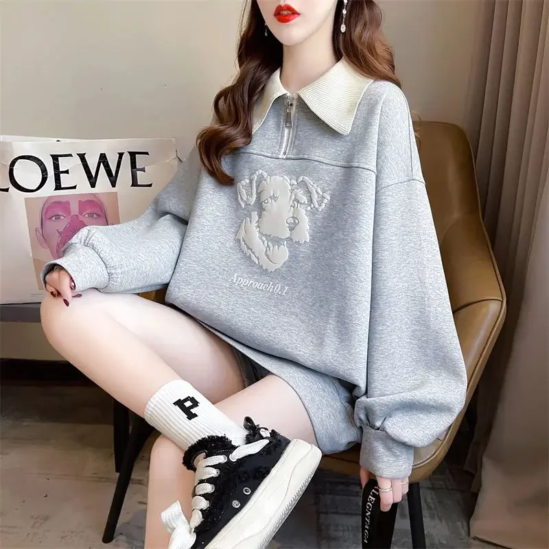 

Loose Baggy Sweatshirt for Women Full Zip Up With Zipper Pullover Plain Youthful Clothes Designer Basic Dropshiping E Woman Tops