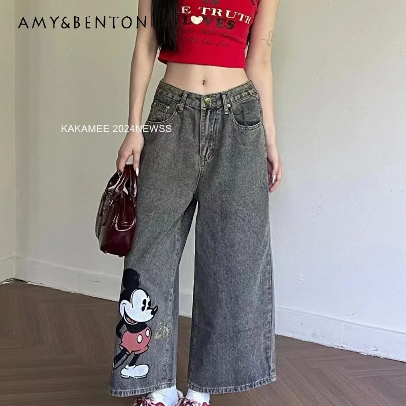 

New Summer 2024 American Retro Heavy Industry Hand-Painted Funny Cartoon Wide Leg Leisure Cropped Jeans Women's Fashion Trousers